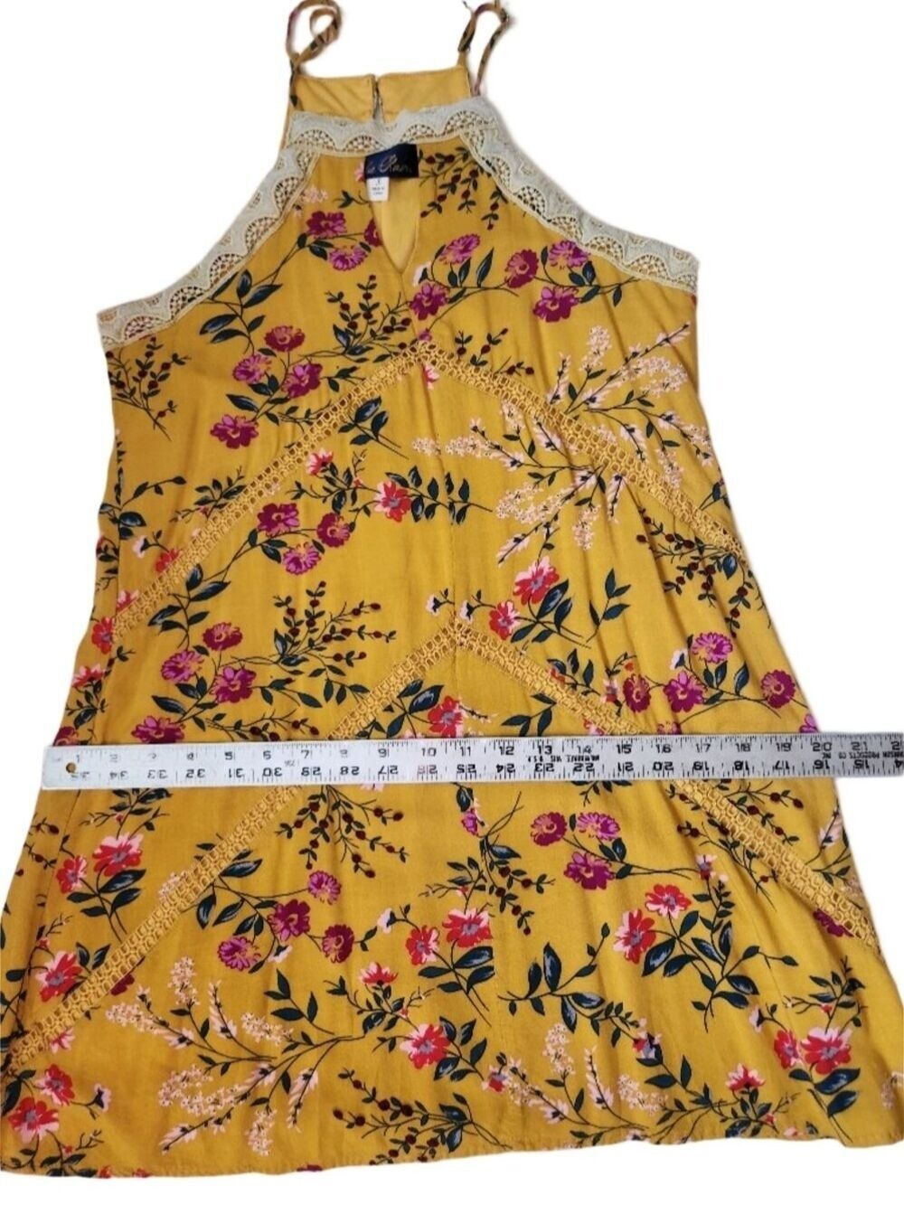 Blue Rain Floral Print Dress Small Yellow Lace Trim Sleeveless Summer Boho - Picture 16 of 16